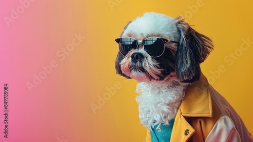A dog wearing sunglasses and a yellow jacket against a gradient background. photo
