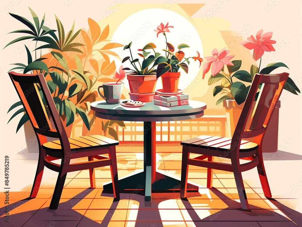 Obraz premium A group of friends playing a board game on a patio, surrounded by potted plants and fairy lights, with everyone deeply engaged and occasional bursts of laughter breaking the silence. Flat color