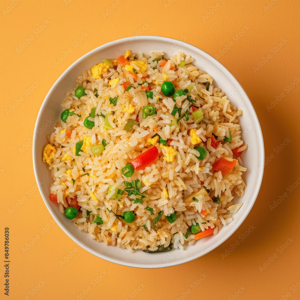 colorful mixed vegetable fried rice garnished with herbs on orange background colorful mixed vegetable fried rice garnished with herbs on orange background