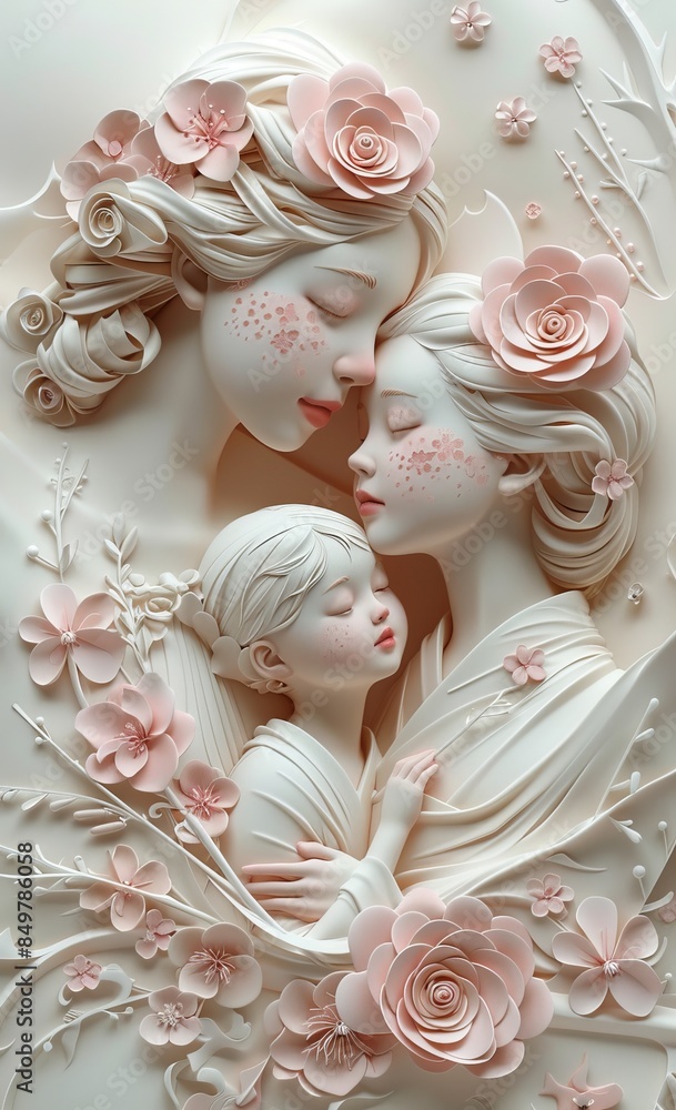 3D paper art of a mother and child with beautiful floral decorations and intricate details 3D paper art of a mother and child with beautiful floral decorations and intricate details