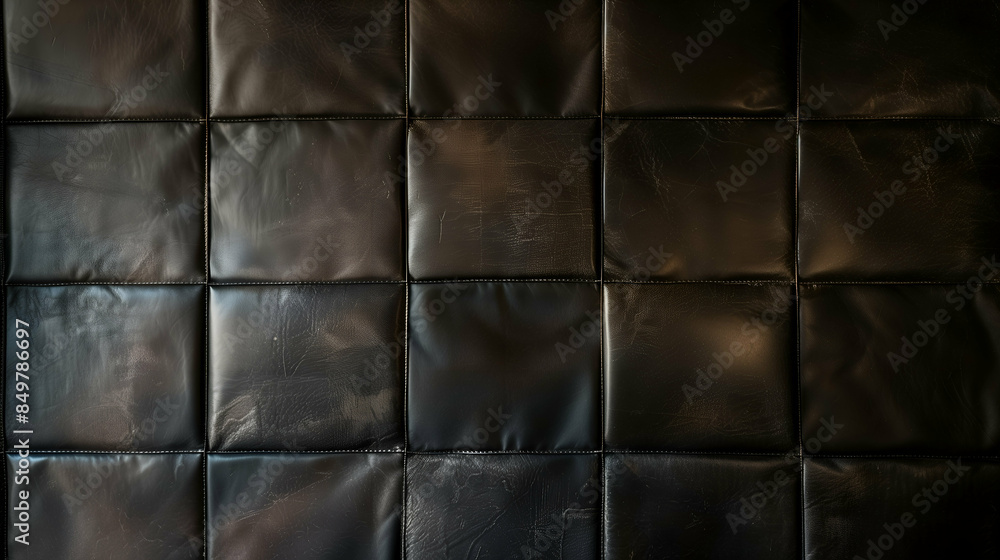 Obraz premium Dark Leather Upholstered Wall with Square Pattern. A wall upholstered in dark leather featuring a square pattern. A dark leather wall with a grid of square designs.