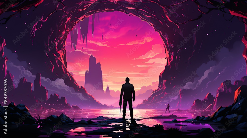 A businessman crouching in a cave on a distant world, holding a plasma rifle and peering out at the hostile environment, with strange rock formations and glowing alien flora. Flat color illustration A businessman crouching in a cave on a distant world, holding a plasma rifle and peering out at the hostile environment, with strange rock formations and glowing alien flora. Flat color illustration