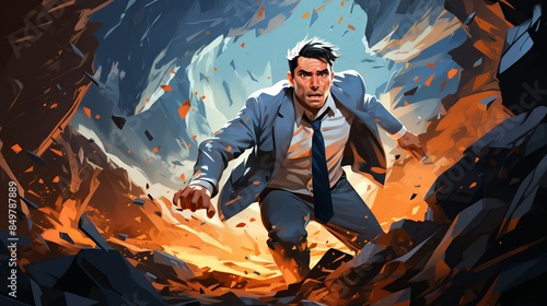 A businessman piloting a small, agile spacecraft through an asteroid field, evading enemy fire and navigating through narrow gaps, with intense focus on his face. Flat color illustration cartoons photo