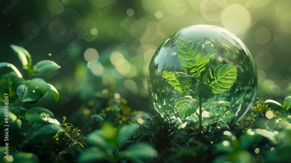 Bright green abstract design with a planet Earth and a leaf floating in water Bright green abstract design with a planet Earth and a leaf floating in water