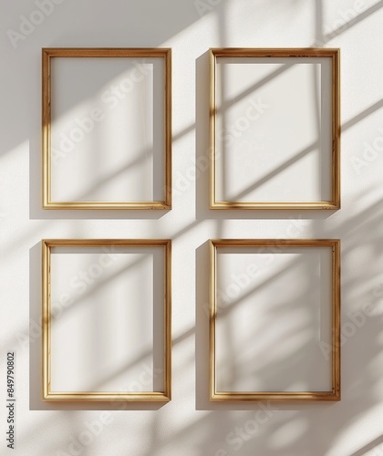 Four empty light wooden picture frames creating shadows on a wall