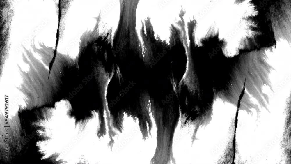 Black ink artistic flow splatter spots spills white paper beautiful reveal dripping streaks spread fluid ink alpha matte isolated watercolor ink drops transition ink transition on white screen