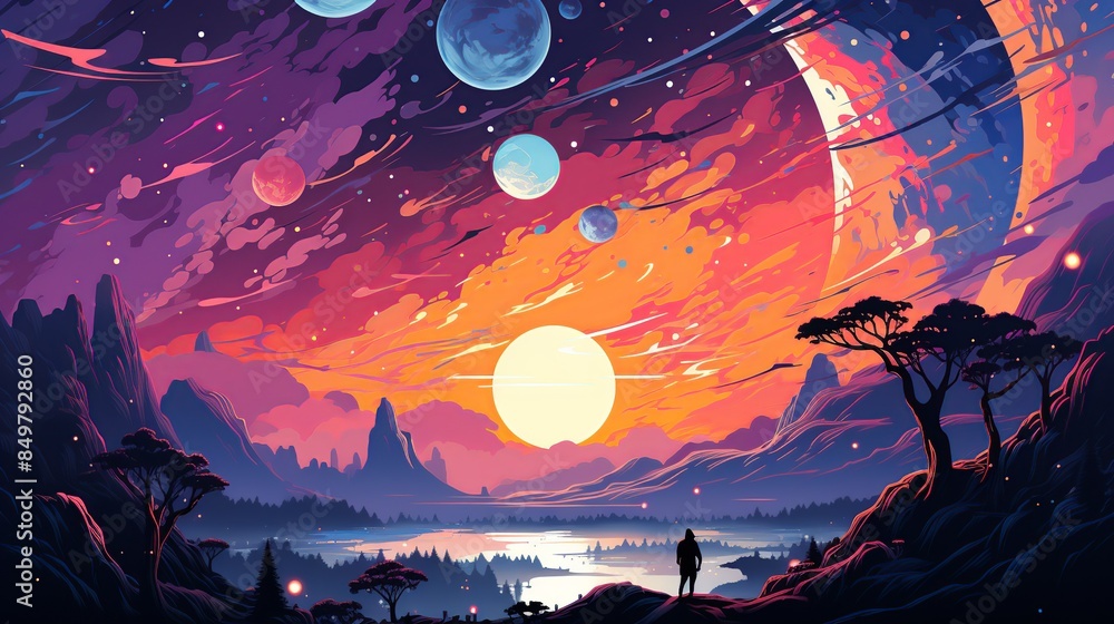 Obraz premium An artistic interpretation of the cosmic dawn, with the first light from young stars and galaxies breaking through the darkness of the early universe. Flat color illustration cartoons character, full