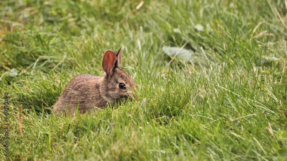 A tiny American rabbit eats grass on the lawn. A tiny American rabbit eats grass on the lawn.