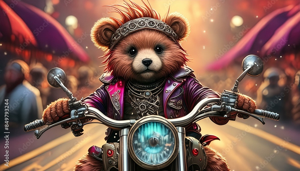 a teddy bear rides a motorcycle he is dressed like a punk a teddy bear rides a motorcycle he is dressed like a punk