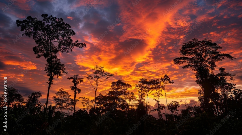 Fototapeta premium Stunning and vivid sunset bathing a lush rainforest canopy in a warm orange light
