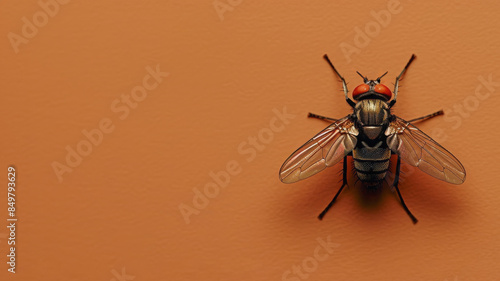 A common housefly isolated against an orange background.