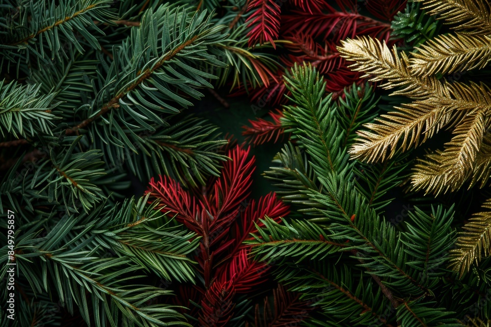 Immerse in festive spirit with vibrant christmas background of green, red, gold pine branches. Add nature touch to decorations or create festive greeting card with this colorful design Immerse in festive spirit with vibrant christmas background of green, red, gold pine branches. Add nature touch to decorations or create festive greeting card with this colorful design