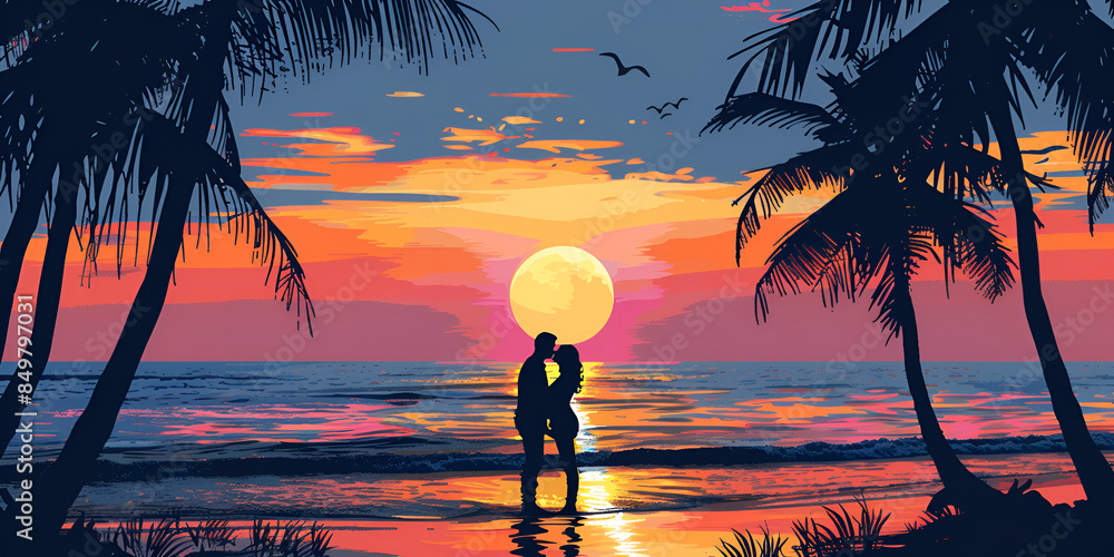 Silhouettes of a couple standing on the beach, watching the sun set ...
