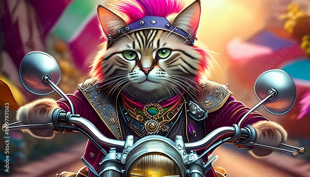 a cat rides a motorcycle he is dressed like a punk a cat rides a motorcycle he is dressed like a punk