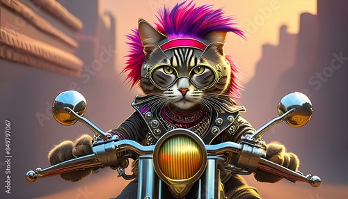 a cat rides a motorcycle he is dressed like a punk