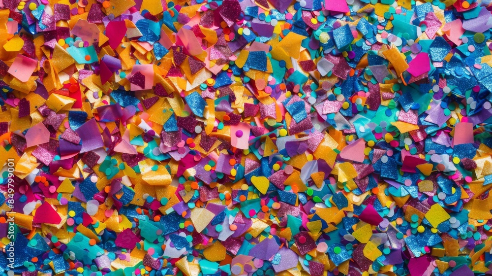 Festive texture of multicolored confetti pieces and glitter scattered randomly Ideal for celebrations Festive texture of multicolored confetti pieces and glitter scattered randomly Ideal for celebrations
