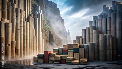 Books arranged against large basalt columns in misty backdrop , books, basalt columns, mist, fog, backdrop, towering photo