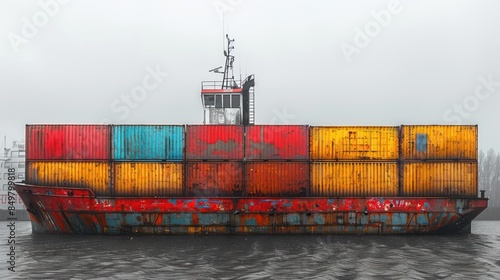 A Rusty Cargo Ship Loaded With Containers photo