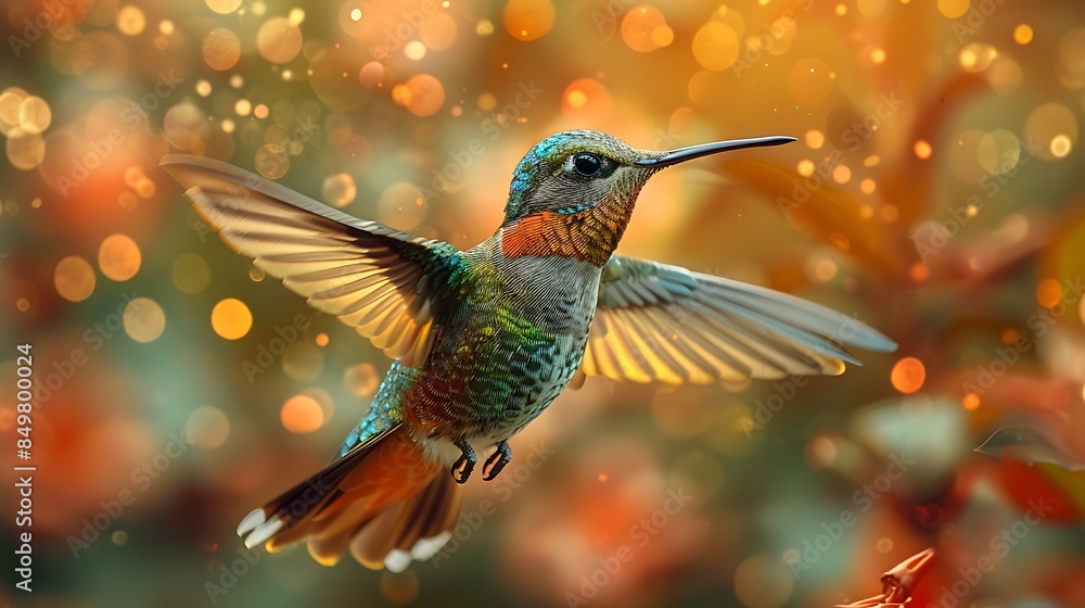 Fototapeta premium In-flight Hummingbird with Spread Wings, Iridescent Green and Blue Feathers