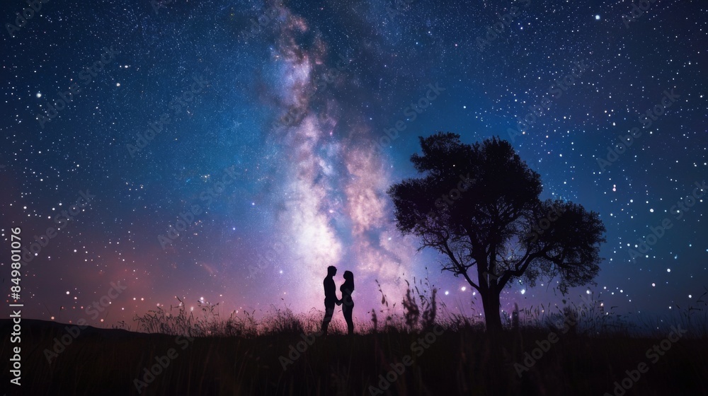 Fototapeta premium A couple in a tender embrace is silhouetted against the majesty of the night sky peppered with stars