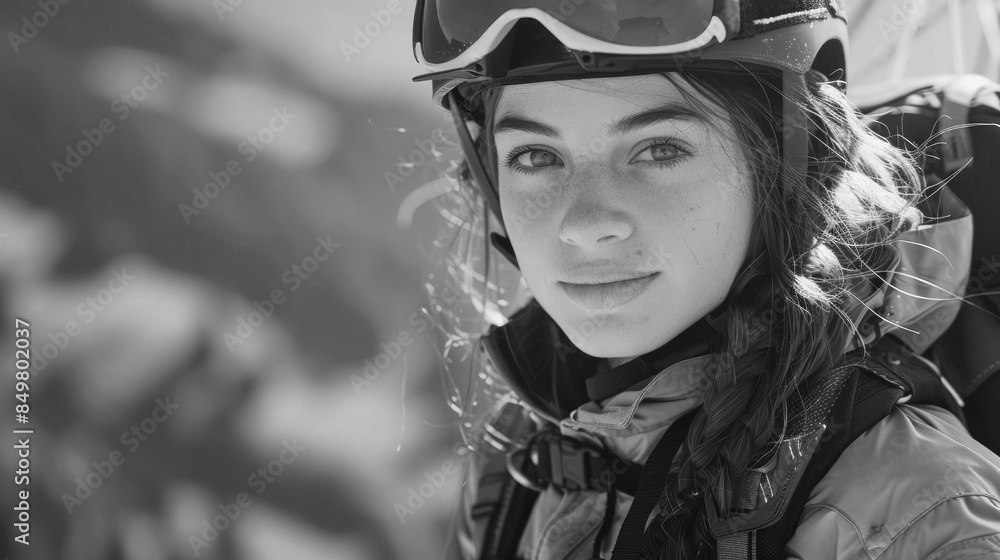 Young Woman Ready for Ski Adventure in Snowy Mountains Young Woman Ready for Ski Adventure in Snowy Mountains