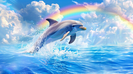 Ingelijste posters Regenboog Springende dolfijn onder kleurrijke regenboog  © TAEXS