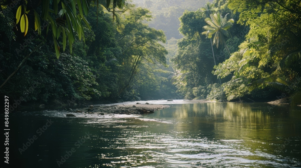 Sunlit tropical forest with a stunning river running through it Sunlit tropical forest with a stunning river running through it