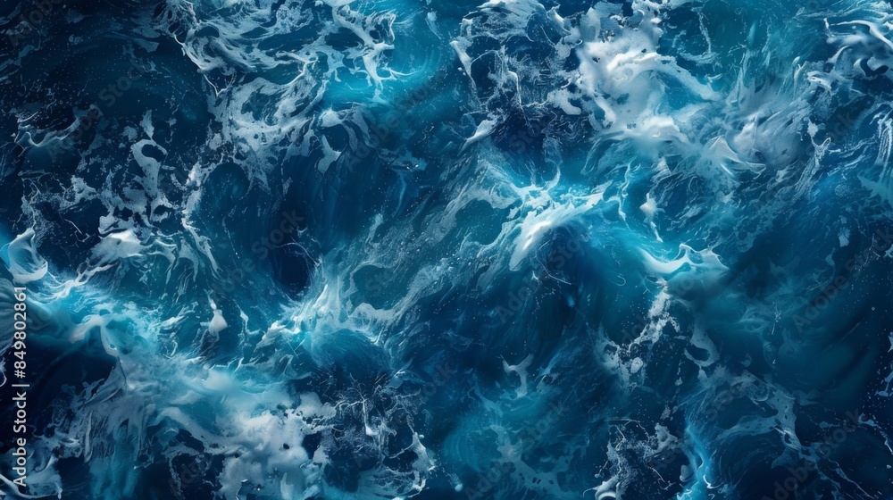 An overhead shot capturing the intricate textures of rolling ocean waves, showcasing a blend of white foam on deep blue water An overhead shot capturing the intricate textures of rolling ocean waves, showcasing a blend of white foam on deep blue water