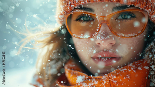Woman in Winter Gear with Orange Sunglasses in Snow