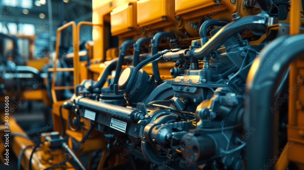 Detailed perspective of a yellow industrial engine and machinery with focus on components Detailed perspective of a yellow industrial engine and machinery with focus on components