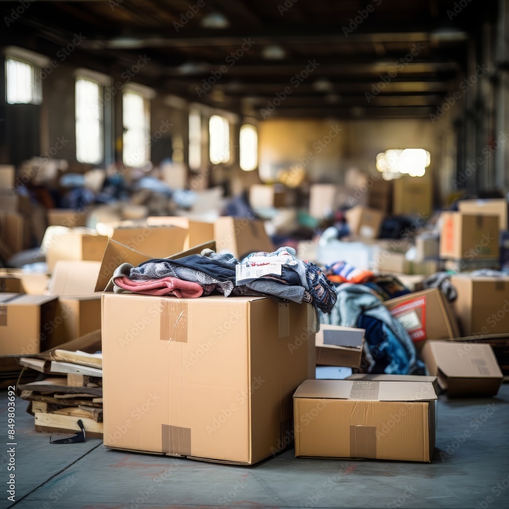 Cardboard Boxes Filled With Clothes in a Large Warehouse Cardboard Boxes Filled With Clothes in a Large Warehouse