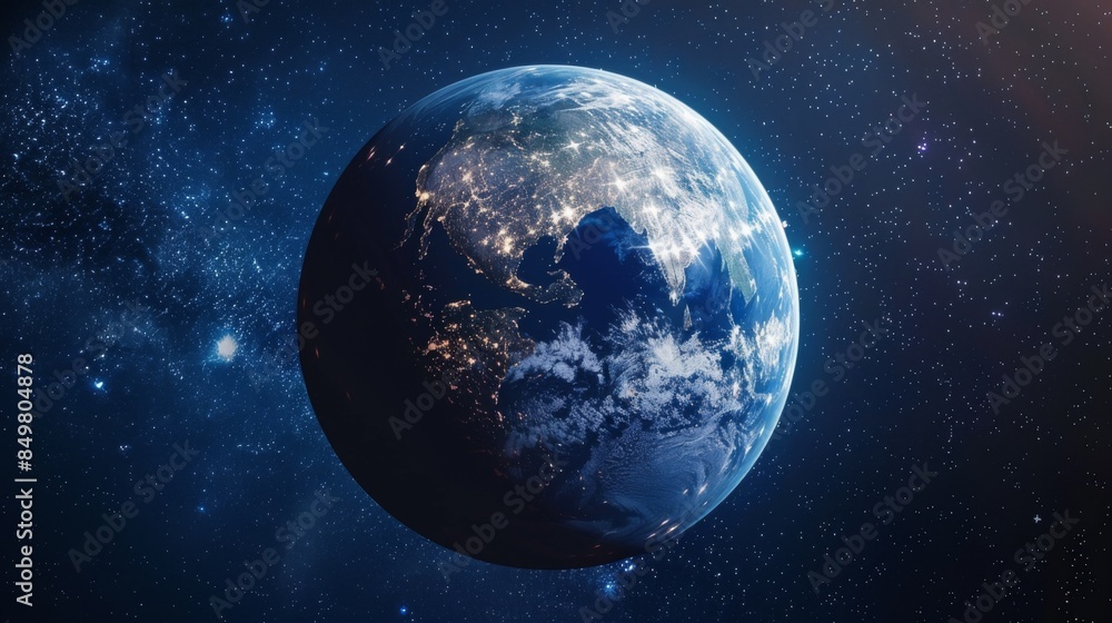 Highly detailed view of Planet Earth in space with sunlight illuminating continents Highly detailed view of Planet Earth in space with sunlight illuminating continents