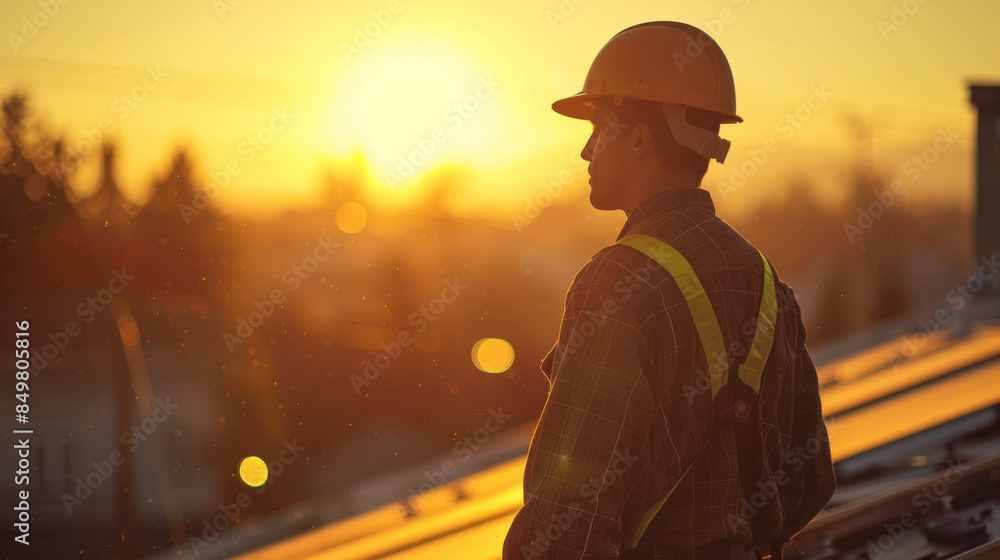 Construction Worker in Safety Gear Standing on a Roof at Sunset Construction Worker in Safety Gear Standing on a Roof at Sunset