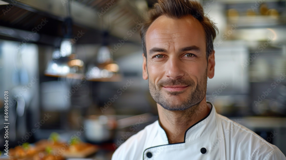 Obraz premium Smiling Chef in Professional Kitchen