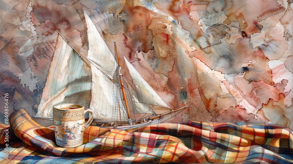 Model ship and mug placed on a table with a checkered cloth depicted in a watercolor artwork Model ship and mug placed on a table with a checkered cloth depicted in a watercolor artwork