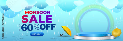 Background of Rain, monsoon clouds, umbrella, rainbow, sky and podium. Monsoon Sale banner offer deal discount or website advertising.