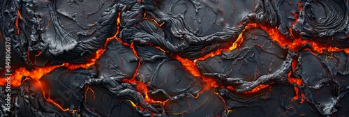 Lava texture background. Hot glowing lava closeup background, black orange heat design, top view. Abstract background of extinct lava with red gaps. 