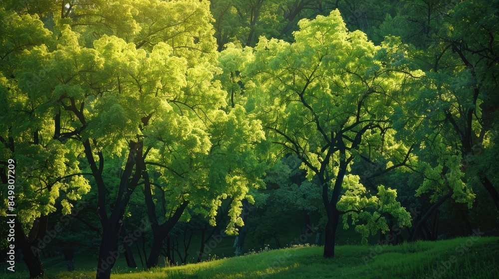 Vivid green trees in the Arboretum park in Sochi shine under the summer sun Vivid green trees in the Arboretum park in Sochi shine under the summer sun