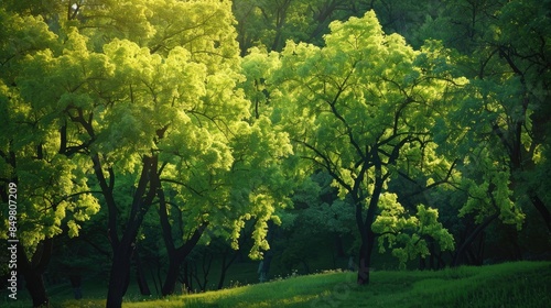 Vivid green trees in the Arboretum park in Sochi shine under the summer sun photo