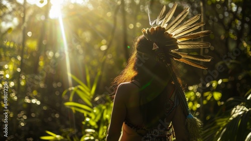 Fototapeta Naklejka Na Ścianę i Meble -  Indigenous woman wearing traditional feather headdress standing in the jungle with the sun shining through the trees