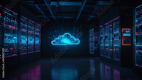 A dark room with rows of servers and a glowing blue cloud in the center.