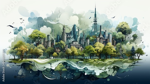 A city skyline dominated by skyscrapers with integrated AI systems for sustainability. Flat color illustration,