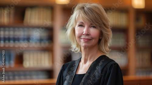 Portrait of a Female Judge in a Law Library with Bookshelves