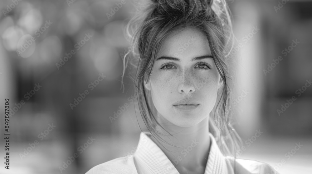 Black and White Portrait of a Woman in Martial Arts Uniform Black and White Portrait of a Woman in Martial Arts Uniform