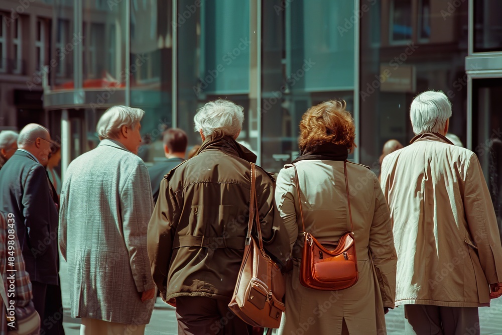Group of senior people walking in the city. Rear view. Selective focus. Group of senior people walking in the city. Rear view. Selective focus.