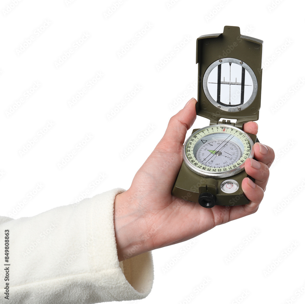 Woman holding compass on white background, closeup Woman holding compass on white background, closeup