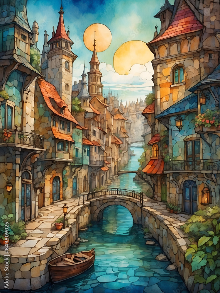 Illustration in stained glass style on the theme of Beautiful city style of Venice Grand Canal in Italy in ancient, The ancient city of river and boat. Illustration in stained glass style on the theme of Beautiful city style of Venice Grand Canal in Italy in ancient, The ancient city of river and boat.