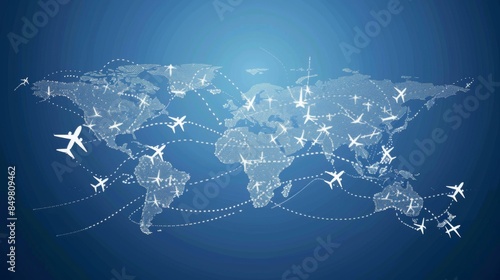 Wallpaper Mural A stylized world map with dotted flight paths and airplane icons over a dark blue background Torontodigital.ca