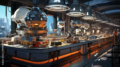 A futuristic kitchen where AI chefs assist in cooking meals based on dietary preferences. Flat color illustration, photo