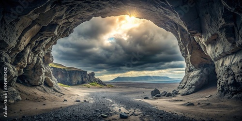 Grey cave exit opening to a desolate, barren landscape , depression, hardship, desolation, gloomy, bleak, solitude, loneliness photo